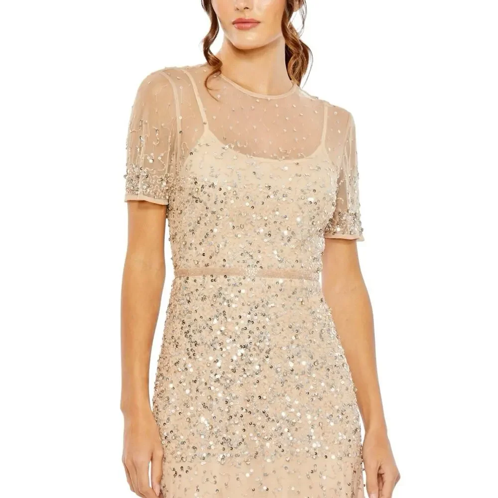 Mac Duggal 93909 Nude Silver Sequin Gown Sheer High Neck Short Sleeve Size 14 - Picture 2 of 8